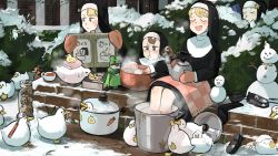 Rule 34 | 4girls, :d, bathing, bird, black footwear, black legwear, blonde hair, book, bow, brick wall, brown eyes, brown hair, bush, casserole, chicken, chili pepper, chocolate chip cookie, closed eyes, clumsy nun (diva), cookie, cookie jar, cup, diva (hyxpk), doll, door, duck, food, frog, froggy nun (diva), habit, hair bow, hiding, highres, holding, holding book, holding kettle, jar, kettle, leaning, little nuns (diva), looking down, looking to the side, lying, mittens, multiple girls, nun, object on head, on back, open mouth, ostrich, peeking out, pillar, plant, poster (object), pot, queue, red bow, rubber duck, shoes, sign, signpost, smile, snot, snow, snowman, soaking feet, soaking hands, spicy nun (diva), star (symbol), star nun (diva), steam, sweatdrop, tea, teacup, towel, towel on legs, traditional nun, tray, triangle mouth, unworn shoes, unworn socks, vines, wall, window, yellow eyes