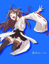 Rule 34 | 10s, 1girl, ahoge, armpits, artist name, bad id, bad pixiv id, blue background, brown hair, detached sleeves, frilled skirt, frills, front-seamed legwear, grey eyes, jumping, kantai collection, kongou (kancolle), lace-trimmed sleeves, lace trim, long hair, looking to the side, miso dengaku (donadonaton), nontraditional miko, open mouth, outstretched arm, seamed legwear, shadow, simple background, skirt, solo, spread fingers, thighhighs, twitter username, wide sleeves, zettai ryouiki