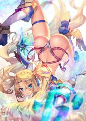 Rule 34 | 1girl, ass, bare shoulders, blonde hair, blue eyes, blush, bradamante (fate), bradamante (third ascension) (fate), braid, breasts, butt crack, elbow gloves, energy barrier, energy shield, fate/grand order, fate (series), floating, floating hair, french braid, gloves, hair between eyes, holding, holding polearm, holding shield, holding spear, holding weapon, large breasts, leotard, long hair, looking at viewer, medium breasts, polearm, shield, skindentation, smile, solo, spear, thigh strap, thighs, twintails, very long hair, weapon, yoshimoto (dear life)
