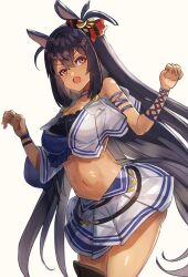 Rule 34 | 1girl, animal ears, bare shoulders, black hair, blue shirt, breasts, choker, cleavage, commentary request, cowboy shot, dark-skinned female, dark skin, ear scrunchie, fang, highres, hishi amazon (umamusume), horse ears, horse girl, horse tail, large breasts, long hair, open mouth, red eyes, shirt, simple background, skirt, solo, tail, the olphy, thigh strap, two-tone shirt, umamusume, very long hair, white background, white choker, white shirt, white skirt