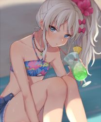 Rule 34 | 1girl, bikini, blonde hair, blue eyes, blush, bow, breasts, cocktail, cocktail glass, collarbone, commentary request, cup, denim, denim shorts, drinking glass, drinking straw, flower, grecale (kancolle), hair bow, hair flower, hair ornament, jewelry, kantai collection, long hair, looking at viewer, necklace, shorts, side ponytail, small breasts, solo, sweat, swimsuit, totto (naka), tropical drink