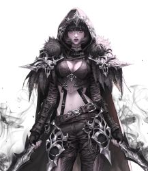 Rule 34 | 1girl, armor, arms at sides, belt, black cape, black gloves, black hair, black pants, blunt bangs, bob cut, breastplate, breasts, cape, chain, choker, cleavage, commentary, contrapposto, dagger, dual wielding, english commentary, feather trim, fingerless gloves, fur-trimmed cape, fur trim, gloves, heo sung-moo, highres, holding, holding dagger, holding knife, holding weapon, hood, hood up, hooded cape, jewelry, knife, lips, long sleeves, looking at viewer, midriff, multiple belts, navel, original, pants, pauldrons, red lips, scar, scar on face, scar on nose, shoulder armor, silver trim, smoke, solo, standing, straight-on, suspenders, thigh strap, weapon, white background, yellow eyes