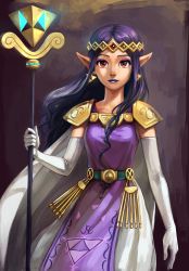 Rule 34 | 1girl, absurdres, alderion-al, cape, circlet, dress, earrings, elbow gloves, gloves, highres, jewelry, lipstick, long hair, looking at viewer, makeup, nintendo, pointy ears, princess hilda, purple dress, purple hair, purple lips, red eyes, smile, solo, staff, the legend of zelda, the legend of zelda: a link between worlds, triforce, white gloves