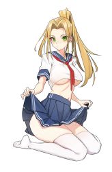 Rule 34 | 1girl, absurdres, blonde hair, blue sailor collar, blue skirt, blush, breasts, closed mouth, clothes lift, commission, crop top, green eyes, hair intakes, high ponytail, highres, holding, holding clothes, holding skirt, kiritzugu, large breasts, light frown, long hair, looking at viewer, navel, no bra, original, pleated skirt, ponytail, red neckwear, sailor collar, school uniform, serafuku, shirt, short sleeves, sidelocks, simple background, sitting, skirt, skirt lift, solo, thighhighs, tsurime, underboob, wariza, white background, white shirt, white thighhighs