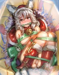 Rule 34 | 10s, 1girl, animal ears, arms behind back, bell, blush, boots, bow (bhp), box, breasts, cleave gag, cloth gag, erune, gag, gagged, gift, granblue fantasy, grey hair, hair between eyes, improvised gag, in box, in container, jingle bell, long hair, looking at viewer, lying, on back, panties, red eyes, restrained, ribbon, sen (granblue fantasy), solo, tears, underwear