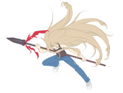 Rule 34 | 1girl, alternate hair length, alternate hairstyle, bad id, bad pixiv id, bare arms, bare shoulders, big hair, black tank top, blue pants, brown eyes, brown hair, cosplay, cosplay request, denim, full body, hair between eyes, holding, holding polearm, holding spear, holding weapon, idolmaster, idolmaster cinderella girls, jeans, long hair, morikubo nono, pants, parted lips, polearm, ringlets, shoes, simple background, solo, spear, tank top, uccow, very long hair, weapon, white background, white footwear