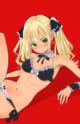 Rule 34 | 1girl, arm support, armpits, bare arms, bare shoulders, bikini, black ribbon, blonde hair, blush, breasts, bridal garter, choker, cleavage, closed mouth, collarbone, commentary request, earrings, frilled choker, frilled cuffs, frills, front-tie bikini top, front-tie top, green eyes, hair ribbon, head tilt, highres, jewelry, knees up, long hair, looking at viewer, maid, maid bikini, medium breasts, navel, neck ribbon, nose blush, original, reclining, red background, ribbon, ribbon trim, shadow, side-tie bikini bottom, sidelocks, simple background, solo, stomach, swimsuit, thighs, twintails, unconventional maid, v-shaped eyebrows, wrist cuffs, yamaguchi satoshi