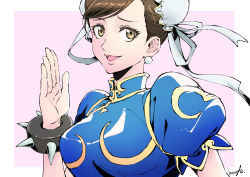 Rule 34 | 1girl, absurdres, artist name, bracelet, breasts, brown eyes, brown hair, bun cover, capcom, chinese clothes, chun-li, earrings, hair ornament, highres, jewelry, looking at viewer, open mouth, smile, spiked bracelet, spikes, street fighter, strikebeagle