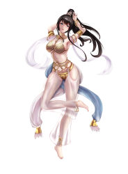 Rule 34 | 1girl, absurdres, anklet, armlet, arms up, barefoot, bianfu yeyue, black hair, blue eyes, bracelet, breasts, chain, chastity belt, commentary request, dancer, full body, harem outfit, harem pants, highres, jewelry, large breasts, long hair, looking at viewer, necklace, original, pants, ponytail, see-through, shawl, solo, white background