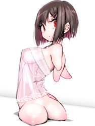 Rule 34 | 1girl, amputee, bare shoulders, blush, breasts, brown hair, closed mouth, commentary request, dutch angle, from behind, hair ornament, hairclip, hana (yuta), highres, large breasts, lingerie, looking at viewer, looking back, monster girl, original, quadruple amputee, red eyes, shokushi yuu, short hair, simple background, slit pupils, solo, underwear, white background