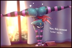 Rule 34 | 1girl, anus, ass, blush, bottomless, cleft of venus, creatures (company), elbow gloves, exercising, eyelashes, furry, game freak, gen 2 pokemon, gen 4 pokemon, gloves, half-closed eyes, handstand, highres, indoors, looking down, masturbation, multitasking, nintendo, open mouth, pokemon, pokemon (creature), pussy, pussy juice, r-mk, sex toy, sneasel, split, spread legs, striped clothes, striped thighhighs, sweat, tablet, thick thighs, thighhighs, thighs, trembling, uncensored, vibrator, watching, window, yellow eyes