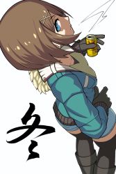 Rule 34 | 1girl, absurdres, black gloves, black legwear, blue eyes, boots, breasts, brown hair, coat, coffee, drink, earrings, from above, fur coat, gloves, hair ornament, hairclip, highres, holding, jacket, jewelry, kantai collection, karasuma kuraha, long sleeves, looking at viewer, looking back, maya (kancolle), medium breasts, short hair, shorts, simple background, solo, standing, teeth, text focus, translation request, white background, winter clothes