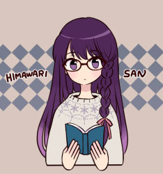 1girl alternate_hair_color argyle_background argyle_clothes book braid brown_background character_name closed_mouth commentary copyright_name cropped_torso expressionless grey_sweater hair_ribbon himawari-san himawari-san_(character) holding holding_book light_blush long_hair looking_at_viewer pink_ribbon purple_eyes purple_hair ribbon single_braid snowflake_print solo sugano_manami sweater