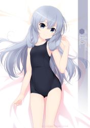 Rule 34 | 1girl, artist name, black one-piece swimsuit, character name, commentary request, cowboy shot, flat chest, gluteal fold, grey background, grey eyes, grey hair, highres, i-203 (kancolle), inaba shiki, kantai collection, long hair, looking at viewer, lying, new school swimsuit, one-hour drawing challenge, one-piece swimsuit, school swimsuit, simple background, smile, solo, swimsuit