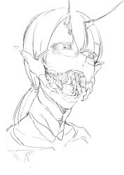 Rule 34 | 1girl, antennae, arthropod girl, black sclera, blush, colored sclera, glasgow smile, glasses, greyscale, highres, looking at viewer, monochrome, monster girl, nakamura regura, open mouth, original, ponytail, portrait, sharp teeth, simple background, solo, teeth, white background