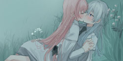Rule 34 | 2girls, absurdres, black bow, black necktie, blouse, blue eyes, blush, bow, braid, chihuri, closed eyes, collared shirt, commentary request, earrings, facing another, flower, girl on top, grey hair, grey shirt, hair between eyes, hair bow, highres, holding hands, interlocked fingers, jacket, jewelry, long sleeves, looking at another, lying, multiple girls, necktie, on back, on grass, open clothes, open jacket, original, pink hair, shirt, stud earrings, white flower, white jacket, yuri