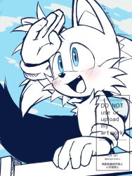 1boy animal_ears arm_up blue_eyes blush dated fang fox_boy fox_ears fox_tail furry furry_male gloves highres male_focus misuta710 open_mouth partially_colored smile solo sonic_(series) tail tails_(sonic) twitter_username watermark