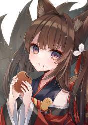 Rule 34 | 1girl, :t, amagi-chan (azur lane), animal ears, azur lane, blunt bangs, brown hair, commentary request, eating, eyes visible through hair, eyeshadow, food, food on face, fox ears, fox girl, fox tail, grey eyes, highres, holding, holding food, japanese clothes, kimono, kitsune, kyuubi, long hair, looking at viewer, makeup, manjuu (azur lane), multiple tails, off shoulder, ougi (u to4410), revision, rope, shimenawa, sidelocks, simple background, solo, sparkle, tail, twintails, white background
