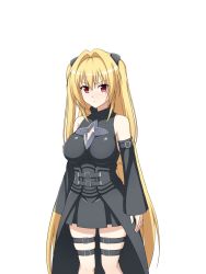 Rule 34 | 1girl, blonde hair, blush, breasts, cleavage cutout, clothing cutout, detached sleeves, hair ornament, highres, kakikorori, konjiki no yami, long hair, looking at viewer, red eyes, serious, simple background, small breasts, solo, thigh strap, to love-ru, two side up, very long hair, white background