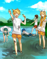 Rule 34 | 2boys, 3girls, :d, bad id, bad pixiv id, cloud, day, dirty, fallen down, hatsune miku, kagamine len, kagamine rin, kaito (vocaloid), laughing, meiko (vocaloid), mud, multiple boys, multiple girls, open mouth, outdoors, partially submerged, rice paddy, shirt, shorts, sky, smile, t-shirt, tama (songe), vocaloid, wading, water