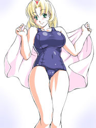 Rule 34 | 1girl, blonde hair, blue one-piece swimsuit, blush, breasts, cameltoe, cecilia lynne adelhyde, green eyes, hairband, huge breasts, jon shicchiou, legs, one-piece swimsuit, school swimsuit, short hair, smile, solo, swimsuit, towel, white background, wild arms, wild arms 1