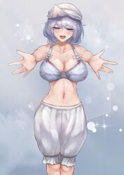 Rule 34 | 1girl, \||/, absurdres, beckoning, bloomers, blue eyes, bow, bow bra, bra, breasts, cleavage, commission, feet out of frame, grey background, grey hair, half-closed eyes, highres, large breasts, letty whiterock, medium hair, nanaironokabi, outstretched arms, pixiv commission, solo, sparkle, touhou, underwear, variant set, white bra