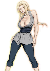 Rule 34 | 1girl, armpits, bare arms, blonde hair, breasts, brown eyes, cleavage, daigo, facial mark, female focus, floating hair, forehead mark, highres, huge breasts, legs, legs apart, light smile, long hair, looking at viewer, nail polish, naruto (series), no feet, parted lips, simple background, sleeveless, smile, solo, standing, thighs, tsunade (naruto), twintails, white background