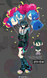 Rule 34 | 1girl, bag, balloon, black eyes, black hair, black jacket, black leg warmers, black shirt, black sleeves, blue bag, braid, cellphone, character balloon, chibi, chibi inset, chinese commentary, closed mouth, commentary request, confetti, frown, full body, grey background, grey shorts, grey socks, guigui rongrong, hair ornament, hairclip, half-closed eyes, heart balloon, highres, holding, holding balloon, holding phone, jacket, charm (object), kneehighs, long hair, long sleeves, multiple views, original, oversized clothes, phone, projected inset, shirt, shoes, short shorts, shorts, shoulder bag, sleeves past fingers, sleeves past wrists, smartphone, sneakers, socks, striped clothes, striped shirt, striped sleeves, turtleneck, twin braids, vertical-striped clothes, vertical-striped shirt, watermark, weibo logo, weibo watermark, white footwear, white shirt