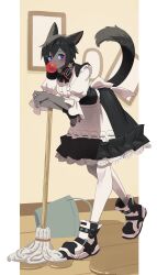 1girl absurdres animal_ears black_bow black_bowtie black_gloves black_hair black_nails blowing_bubbles blue_eyes blush bow bowtie bucket cat_ears cat_girl cat_tail chewing_gum colored_skin commentary english_commentary fingerless_gloves full_body gloves grey_skin headphones headphones_around_neck highres indoors leaning_forward looking_at_viewer maid midd_night mop nail_polish original pantyhose puffy_sleeves shoes short_hair single_glove sneakers solo tail tostantan water white_pantyhose