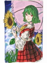 Rule 34 | 1girl, ascot, closed mouth, commentary, flower, green eyes, green hair, highres, holding, holding umbrella, kazami yuuka, looking at viewer, oftooon, outdoors, pink umbrella, plaid, plaid skirt, plaid vest, red eyes, red skirt, red vest, short hair, skirt, smile, solo, sunflower, touhou, umbrella, vest, yellow ascot