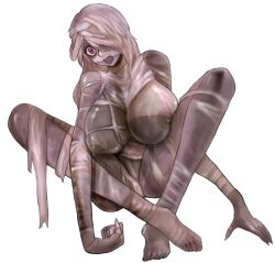 Rule 34 | 1girl, bandaged arm, bandaged foot, bandaged head, bandaged leg, bandaged wrist, bandages, barefoot, bmp-to-png conversion, breasts, crossed ankles, feet, frederika (mon-musu quest!), full body, game cg, hair over one eye, huge breasts, large areolae, long arms, long legs, mon-musu quest!, naked bandage, nipples, non-web source, nude, open mouth, pale skin, patchwork skin, purple eyes, simple background, sitting, solo, spread legs, toes, transparent background, un do, white hair, wide-eyed, zombie