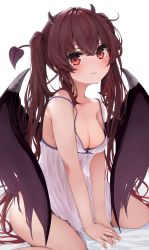 Rule 34 | 1girl, absurdres, blush, breasts, brown hair, cleavage, closed mouth, collarbone, demon girl, demon horns, demon tail, demon wings, highres, horns, kohe billialot, large breasts, long hair, multicolored hair, original, red eyes, red hair, sitting, solo, streaked hair, tail, twintails, very long hair, wariza, wings