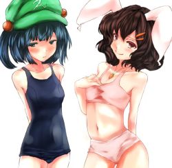 Rule 34 | 2girls, animal ears, bad id, bad pixiv id, blue eyes, blue hair, brown hair, rabbit ears, carrot, female focus, hair bobbles, hair ornament, hat, inaba tewi, kawashiro nitori, multiple girls, one-piece swimsuit, red eyes, ripu (lipi), school swimsuit, short hair, swimsuit, touhou, two side up