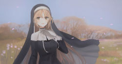 Rule 34 | 1girl, :d, black dress, blue sky, blurry, blurry background, blush, breasts, brown eyes, brown hair, chihuri, day, depth of field, dress, gloves, habit, hair between eyes, hand up, highres, long hair, long sleeves, looking at viewer, medium breasts, nijisanji, nun, open mouth, outdoors, petals, sister claire, sister claire (1st costume), sky, smile, solo, standing, traditional nun, tree, upper body, veil, very long hair, virtual youtuber, white gloves