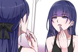 Rule 34 | 1girl, bare shoulders, black bow, black tank top, bow, collarbone, commentary request, cosmetics, earrings, hair bow, holding, holding lipstick tube, honkai (series), honkai impact 3rd, jewelry, korean commentary, lipstick tube, long hair, nail polish, parted lips, purple eyes, purple hair, purple nails, raiden mei, raiden mei (apho), reflection, rlaalsrb69, solo, tank top, upper body
