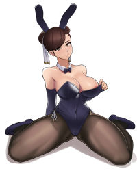 Rule 34 | 1girl, animal ears, areola slip, bare shoulders, black leotard, black pantyhose, bow, bowtie, breasts, brown eyes, brown hair, cameltoe, capcom, chun-li, cleavage, cleavage reach, collarbone, commentary, covered navel, detached collar, detached sleeves, donburi (donburikazoku), english commentary, fake animal ears, full body, hair ribbon, head tilt, high heels, highres, large breasts, leotard, lips, looking at viewer, no bra, pantyhose, playboy bunny, pumps, rabbit ears, ribbon, short hair, sitting, smile, solo, strapless, strapless leotard, street fighter, swept bangs, thick thighs, thighband pantyhose, thighs, unaligned breasts, wariza, white background