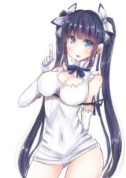 Rule 34 | 10s, 1girl, arm behind back, black hair, blue eyes, breasts, cleavage, cleavage cutout, clothing cutout, covered navel, cowboy shot, dress, dungeon ni deai wo motomeru no wa machigatteiru darou ka, elbow gloves, female focus, gloves, hestia (danmachi), highres, large breasts, long hair, looking at viewer, mochiko (mocchikkoo), open mouth, pointing, pointing up, rei no himo, simple background, solo, twintails, white background, white dress, white gloves
