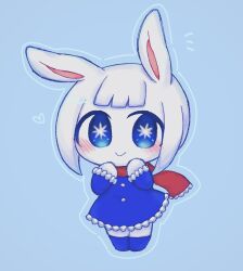 Rule 34 | 1girl, agpgwm, animal ears, blue background, blue dress, blue eyes, blue footwear, blush, borrowed character, bright pupils, center-flap bangs, chibi, chibi only, closed mouth, colored skin, commentary, dress, english commentary, full body, hair between eyes, hands up, hashtag-only commentary, heart, highres, long sleeves, looking at viewer, no eyebrows, notice lines, original, pepoyo (style), rabbit ears, red scarf, scarf, short hair, simple background, smile, solo, standing, symbol-shaped pupils, white pupils, white skin