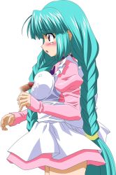 Rule 34 | 1990s (style), 1girl, :o, apron, aqua hair, blunt bangs, blush, braid, breast press, breasts, canal vorfeed, censored, cowboy shot, cum, disembodied penis, dress, from side, highres, juliet sleeves, long hair, long sleeves, lost universe, medium breasts, mosaic censoring, necktie, open mouth, panties, pantyshot, penis, pink dress, profile, puffy sleeves, purple eyes, purple necktie, retro artstyle, short dress, simple background, sleeves past wrists, solo, solo focus, standing, sugimura tomokazu, tareme, twin braids, underwear, upper body, upskirt, very long hair, white apron, white background, white panties