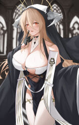 Rule 34 | 1girl, absurdres, azur lane, bare shoulders, between breasts, black gloves, blonde hair, breast cutout, breasts, cathedral, cowboy shot, fake horns, gloves, hair between eyes, half gloves, halo, highres, horns, huge breasts, implacable (azur lane), long hair, long sleeves, looking at viewer, mechanical halo, neckerchief, nun, pelvic curtain, red eyes, revealing clothes, slqnsdl, solo, strap between breasts, thighhighs, very long hair, white horns, white neckerchief, white thighhighs, wide sleeves