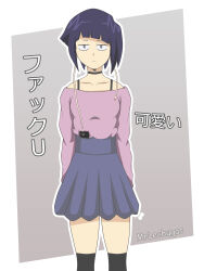 Rule 34 | 1girl, absurdres, audio jack, black eyes, black socks, blunt bangs, boku no hero academia, choker, grey background, highres, jirou kyouka, looking at viewer, mrlechugas, purple hair, purple shirt, shirt, short hair, skirt, socks, solo