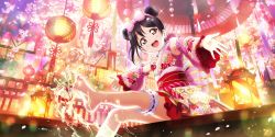 Rule 34 | 1girl, artist name, artist request, back bow, bare legs, bare shoulders, black hair, blush, bow, double bun, elbow sleeves, feet, female focus, floral print, flower print, hair bow, hair bun, highres, japanese clothes, kimono, looking at viewer, love live!, love live! school idol festival, love live! school idol project, parted lips, pink bow, pink kimono, pink skirt, red eyes, short hair, skirt, smile, solo, striped, striped bow, twintails, yazawa nico