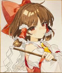 Rule 34 | 1girl, ascot, bare shoulders, blunt ends, blush stickers, bow, brown hair, closed mouth, commentary, crossed arms, detached sleeves, frilled hair tubes, frilled shirt collar, frills, from side, frown, gohei, hair bow, hair tubes, hakurei reimu, highres, holding, holding gohei, huge bow, jill 07km, long sleeves, looking at viewer, medium hair, nontraditional miko, parted bangs, photo (medium), red bow, red eyes, red shirt, shikishi, shirt, sidelocks, simple background, sleeveless, sleeveless shirt, solo, sweatdrop, symbol-only commentary, touhou, traditional media, tsurime, upper body, v-shaped eyebrows, white background, white sleeves, yellow ascot