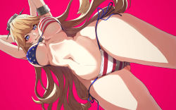 Rule 34 | 1girl, american flag bikini, american flag print, armband, arms behind head, bikini, blonde hair, blue eyes, blush, breasts, commentary request, cowboy shot, flag print, from below, gluteal fold, headgear, iowa (kancolle), kantai collection, large breasts, long hair, looking at viewer, looking down, messy hair, navel, pink background, print bikini, seven (shijima), side-tie bikini bottom, sidelocks, simple background, skindentation, smile, solo, star-shaped pupils, star (symbol), stomach, swimsuit, symbol-shaped pupils
