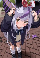 Rule 34 | 1girl, alternate costume, arms up, black footwear, black horns, black jacket, blurry, blush, bow, bow hairband, bowtie, closed mouth, demon girl, demon horns, depth of field, grey hair, hairband, highres, hololive, horns, jacket, la+ darknesss, leaning forward, long hair, long sleeves, looking at viewer, loose socks, mickey mouse ears, multicolored hair, nail polish, osisikun, outdoors, plaid, plaid bow, plaid bowtie, polka dot, purple hair, shirt, shoes, smile, socks, solo, standing, streaked hair, striped horns, tail, two-tone hair, virtual youtuber, white socks, yellow eyes
