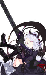 Rule 34 | 1girl, blue archive, breasts, gloves, gun, halo, highres, hina (blue archive), horns, long hair, long sleeves, looking at viewer, multiple horns, pako (pakosun), parted bangs, purple eyes, small breasts, solo, weapon, white hair