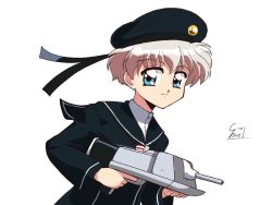 Rule 34 | 1990s (style), 1girl, black dress, black hat, blue eyes, cannon, choroli (chorolin), clothes writing, dress, hat, kantai collection, looking at viewer, parody, retro artstyle, sailor dress, sailor hat, short hair, signature, silver hair, simple background, smile, solo, style parody, turret, upper body, white background, z1 leberecht maass (kancolle)