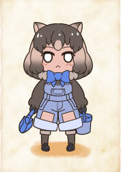 Rule 34 | 1girl, animal ears, blush, boots, bow, bowtie, brown background, brown hair, bucket, closed mouth, common wombat (kemono friends), extra ears, full body, gloves, highres, kawanami eito, kemono friends, kemono friends 3, looking at viewer, overalls, scarf, shirt, short hair, shovel, simple background, solo