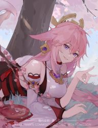 Rule 34 | 1girl, :d, animal ears, blue sky, cherry blossoms, commission, earrings, fox ears, genshin impact, grin, hair ornament, highres, japanese clothes, jewelry, looking at viewer, lying, miko, on stomach, open mouth, petals, pink hair, purple eyes, remy5621, sky, smile, solo, tree, white sleeves, yae miko