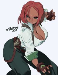 Rule 34 | 1girl, blouse, breasts, dark-skinned female, dark skin, giovanna (guilty gear), guilty gear, highres, large breasts, red hair, shirt, simple background, solo, white background, white shirt